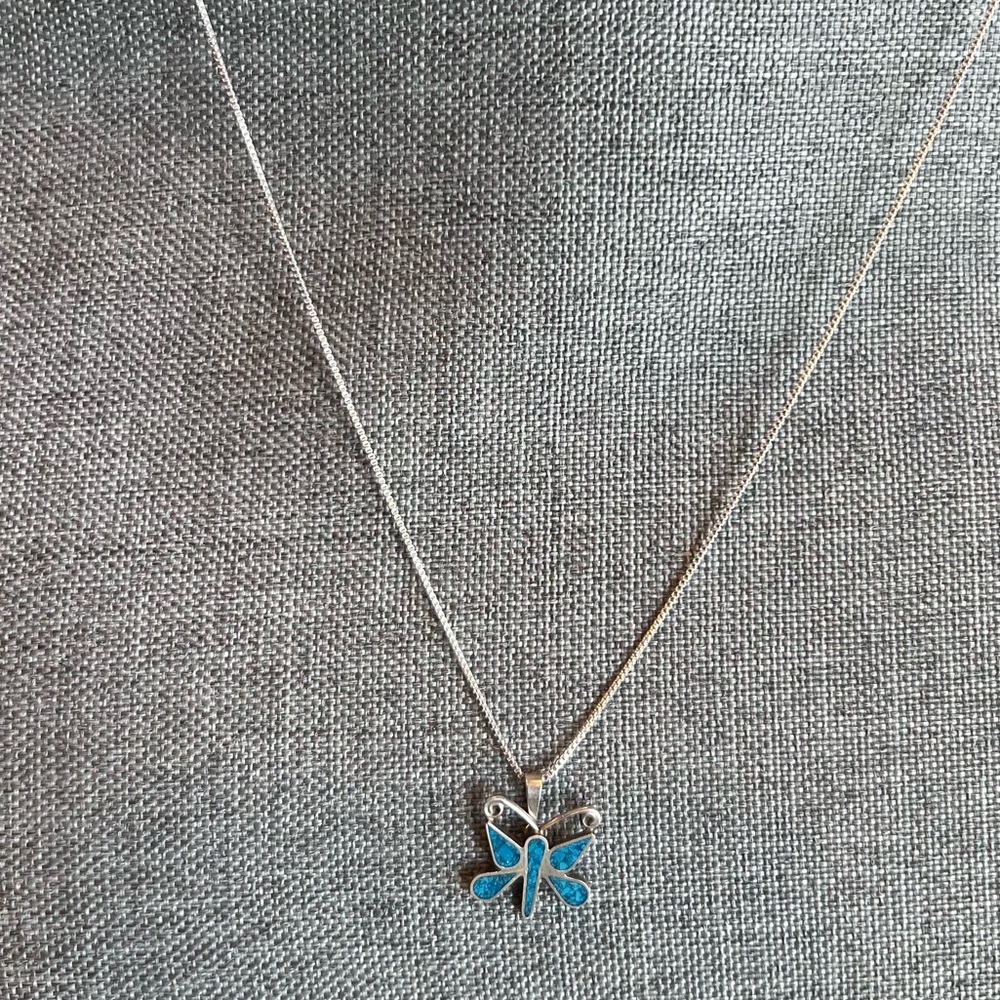 Taxco Mexico Necklace Butterfly Pendant MC Sterling Silver Blue Turquoise Dainty